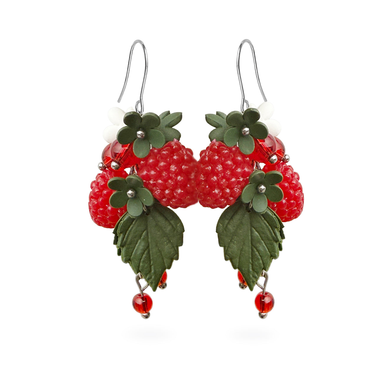 Wild Raspberry Earrings featuring hand-shaped raspberries, green leaves, and delicate white flowers. Handmade in Finland by byMinta.