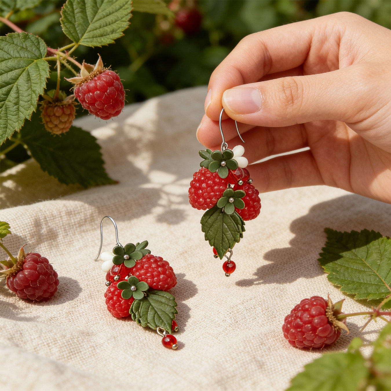 Wild Raspberry Earrings held gently in hand for scale, surrounded by natural linen fabric, fresh raspberries, and raspberry leaves in natural summer light. Handmade in Finland by byMinta.