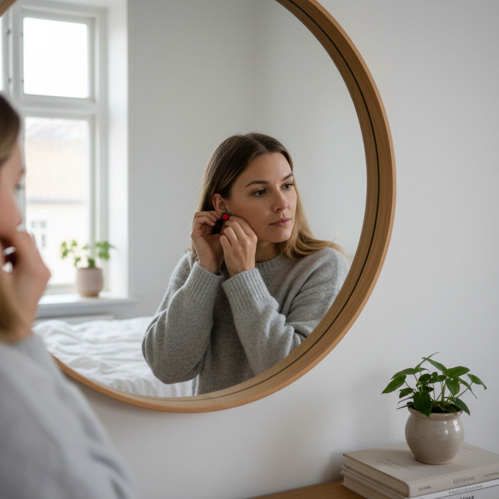 Woman putting on handmade Wild Raspberry stud earrings in front of a mirror. Small polymer clay berry earrings inspired by Nordic nature, handcrafted in Finland by byMinta.
