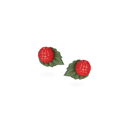 Wild Raspberry stud earrings with handmade polymer clay berries and green leaves, handcrafted in Finland by byMinta.