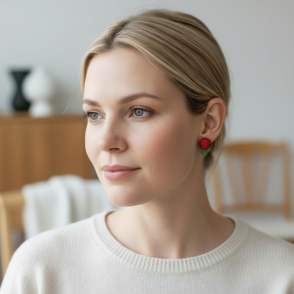 Scandinavian woman wearing handmade Wild Raspberry stud earrings with polymer clay berries and botanical details.