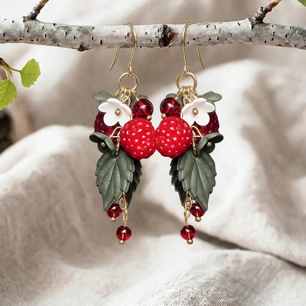 Red Wild Raspberry earrings handmade in Finland, featuring raspberries, white flowers, green leaves and red glass beads on gold plated stainless steel hooks
