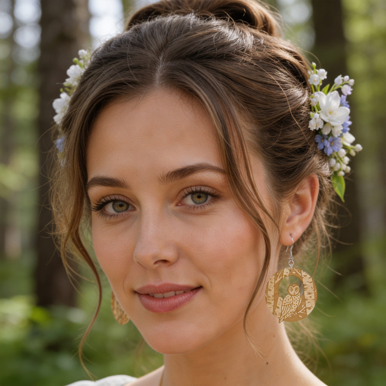 Woman wearing handmade owl earrings in a sunlit forest setting. Lightweight Finnish birch plywood earrings with detailed owl engraving, soft natural light, and delicate flowers in her hair.